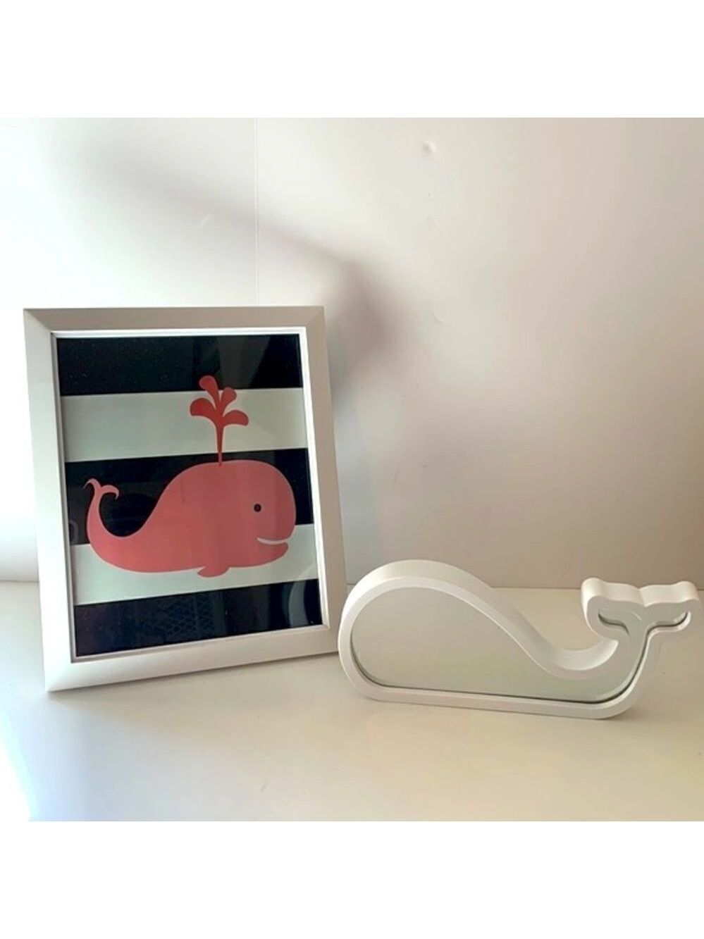 WHALE Wall Art in Navy/White & Pink with White Framed Mirror - NWOT